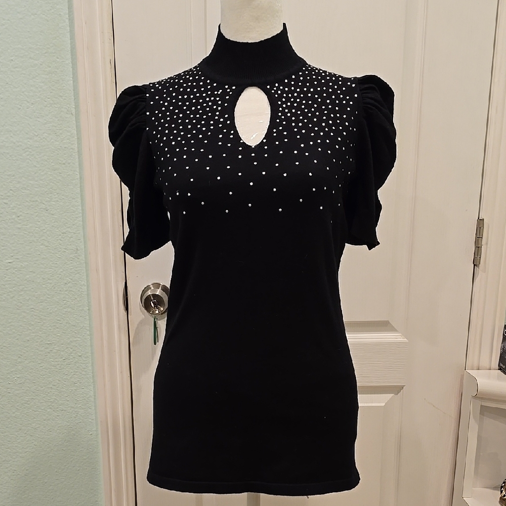 Black Puff Sleeve Blouse with Cut Out Embellishments